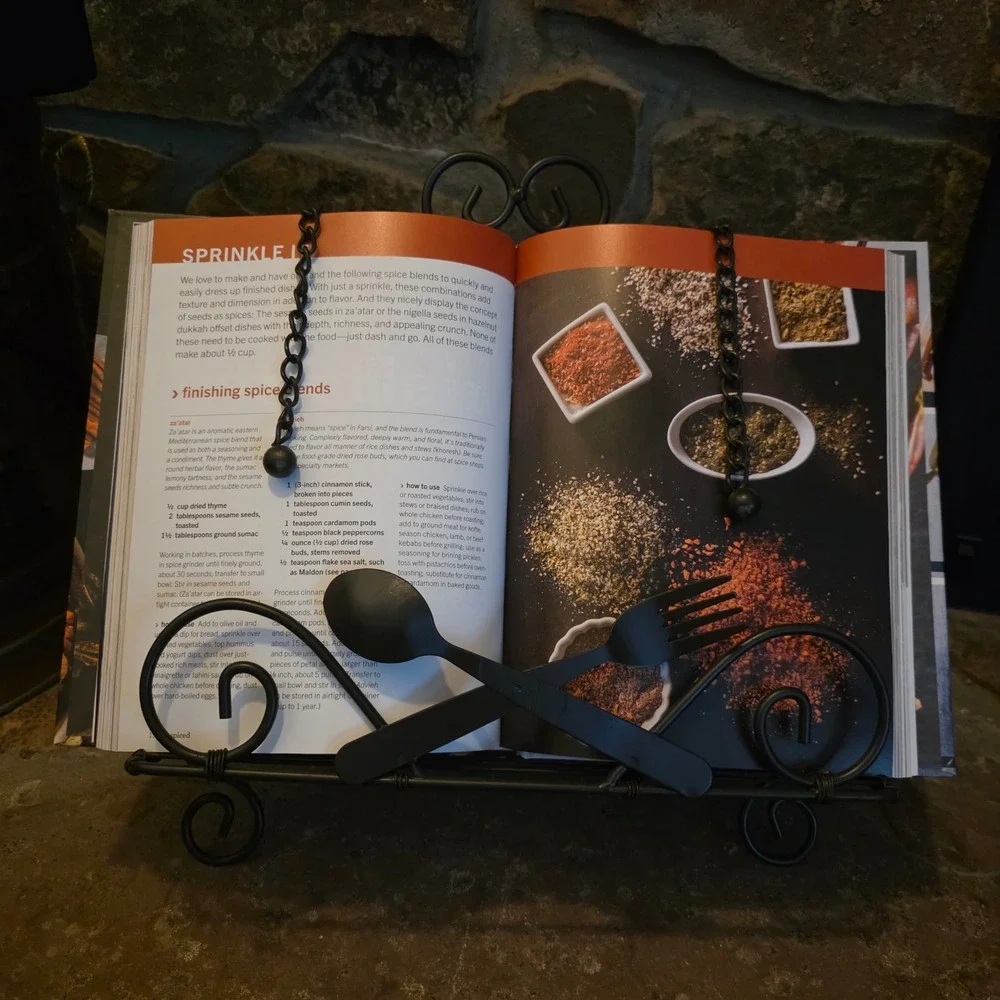 Black Wrought Iron Cookbook Stand Scrollwork Easel with Page Weights Fork Spoon